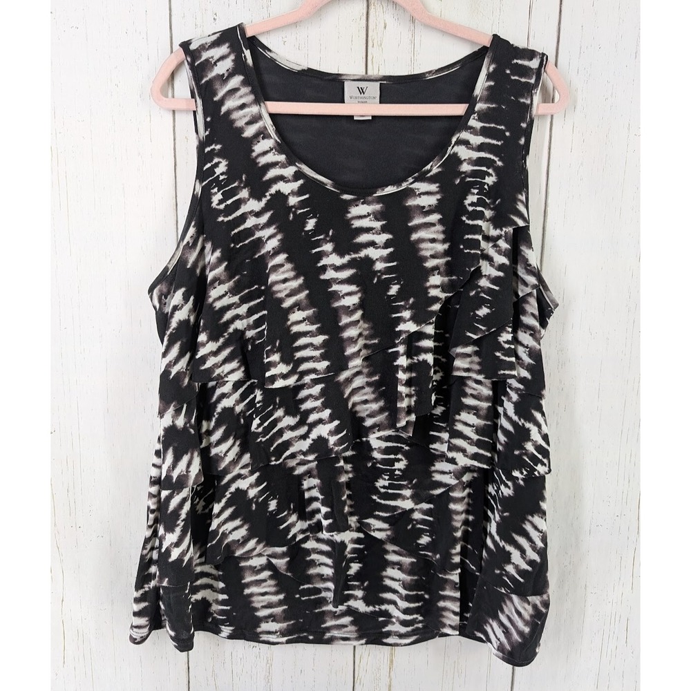 Worthington Plus Size 1X Womens Black White Tie Dye Sleeveless Ruffle Tank Top